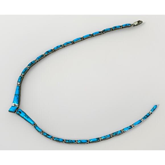 VTG Taxco Sterling Silver 950 Turquoise Inlay Hinged Panel Collar Necklace 22.7g - Picture 7 of 16